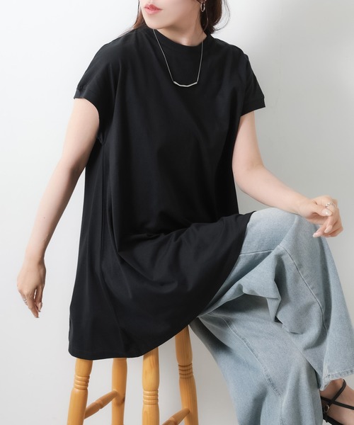 Riberry（リベリー）の「【接触冷感】ミドル丈コットンフレアTシャツ（Tシャツ/カットソー・レディース・オフホワイト/チャコールグレー/ブラック・MEDIUM）」の7枚目の写真