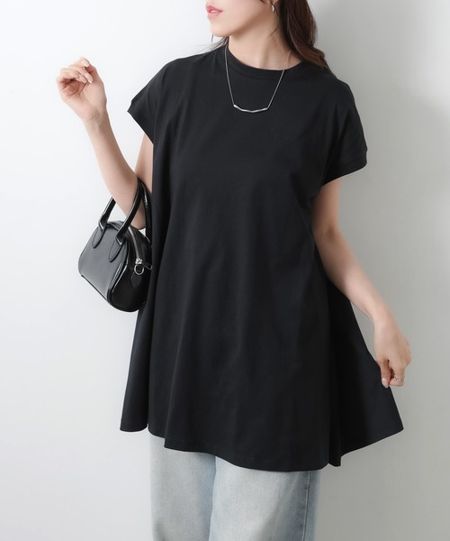 Riberry（リベリー）の「【接触冷感】ミドル丈コットンフレアTシャツ（Tシャツ/カットソー・レディース・オフホワイト/チャコールグレー/ブラック・MEDIUM）」の5枚目の写真