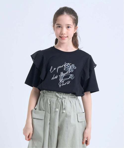 pom ponette junior(ポンポネットジュニア)の「【130cmあり】【UVカット・遮熱・接触冷感】ラッフルグラフィックTシャツ(Tシャツ/カットソー・キッズ・ブラック/アイボリー・L:160cm/S:140cm/LL(165cm)/M:150cm/130cm)」の1枚目の写真