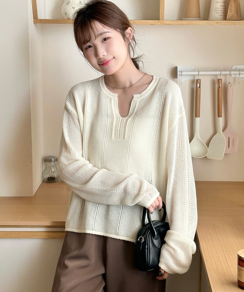 DAY CLOSET(デイ クローゼット)の「【デコルテすっきりキーネック】長袖 透かし編み サマーニット プルオーバー レディース(その他トップス・レディース・イエロー/グレー/アイボリー・FREE)」の8枚目の写真