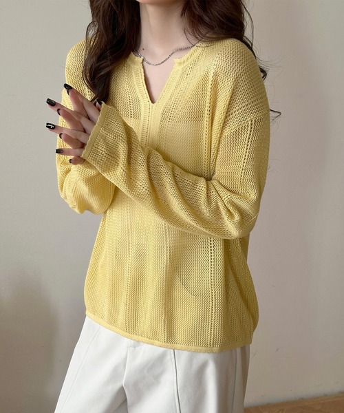 DAY CLOSET(デイ クローゼット)の「【デコルテすっきりキーネック】長袖 透かし編み サマーニット プルオーバー レディース(その他トップス・レディース・イエロー/グレー/アイボリー・FREE)」の20枚目の写真