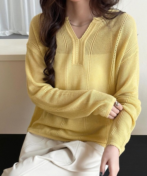 DAY CLOSET(デイ クローゼット)の「【デコルテすっきりキーネック】長袖 透かし編み サマーニット プルオーバー レディース(その他トップス・レディース・イエロー/グレー/アイボリー・FREE)」の21枚目の写真