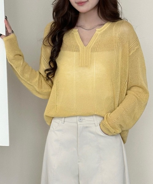 DAY CLOSET(デイ クローゼット)の「【デコルテすっきりキーネック】長袖 透かし編み サマーニット プルオーバー レディース(その他トップス・レディース・イエロー/グレー/アイボリー・FREE)」の22枚目の写真
