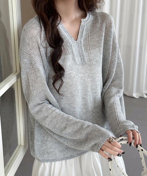 DAY CLOSET(デイ クローゼット)の「【デコルテすっきりキーネック】長袖 透かし編み サマーニット プルオーバー レディース(その他トップス・レディース・イエロー/グレー/アイボリー・FREE)」の13枚目の写真