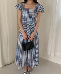 配色チェック柄 スクエアネック フレアスリーブ リボン付き ワンピース