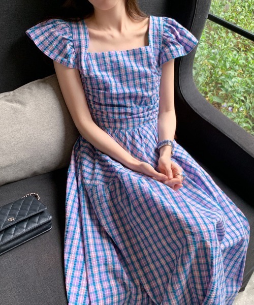 AMAJI（アマジ）の「配色チェック柄 スクエアネック フレアスリーブ リボン付き ワンピース（ワンピース・レディース・パープル/ブルー・FREE）」の6枚目の写真