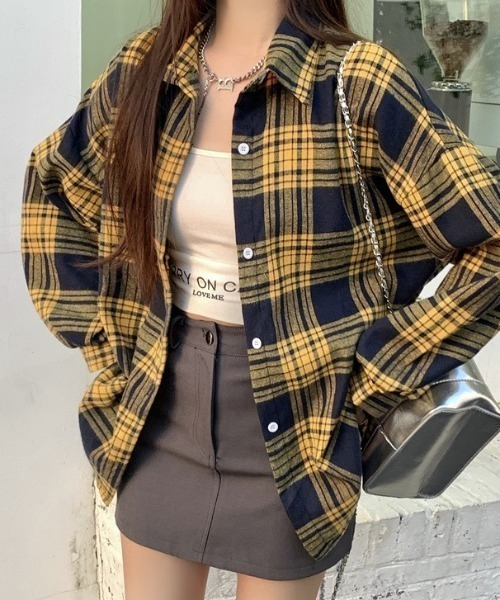 お値下げ‼️ plan-cのイエロー・グリーンチェック Vネック半袖トップス セール】Chick｜チックのトップス（イエロー/黄色系・チェック柄）通販