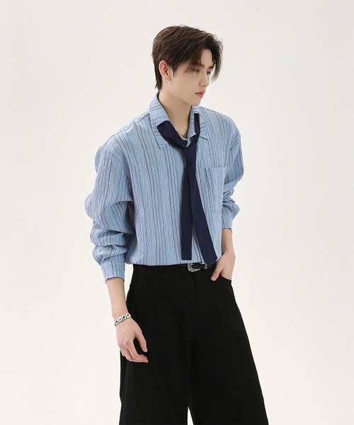 WESTBOY(ウエストボーイ)の「Y2K ユニセックス ストライプ柄 ネクタイ付き シャツ WO26W1TP14(シャツ/ブラウス・メンズ・ベージュ/ブルー・FREE)」の3枚目の写真