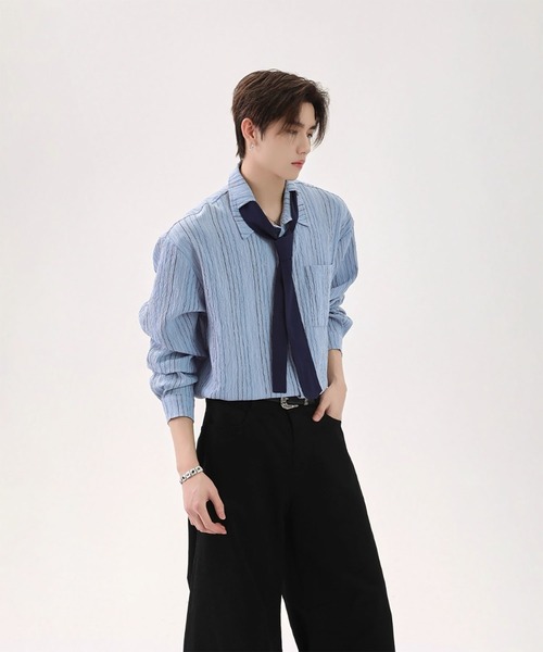 WESTBOY(ウエストボーイ)の「Y2K ユニセックス ストライプ柄 ネクタイ付き シャツ WO26W1TP14(シャツ/ブラウス・メンズ・ベージュ/ブルー・FREE)」の4枚目の写真
