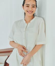 【M-XL/さりげなく二の腕カバー】5分袖Wポケットシャツ