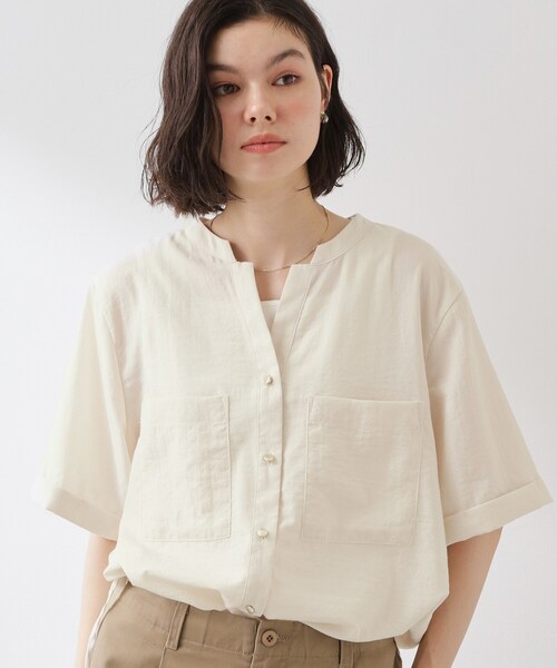 THE SHOP TK (ザ ショップ ティーケー )の「【M-XL/さりげなく体型カバー】5分袖Wポケットシャツ(シャツ/ブラウス・レディース・ライトブルー/ネイビー/アイボリー/ピンク系・12/13/14)」の2枚目の写真