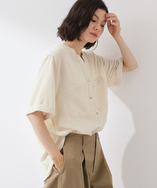 THE SHOP TK (ザ ショップ ティーケー )の「【M-XL/秋始めにちょうどいい】細見え5分袖Wポケットシャツ(シャツ/ブラウス・レディース・ライトブルー/ネイビー/アイボリー/ピンク系・12/13/14)」の9枚目の写真