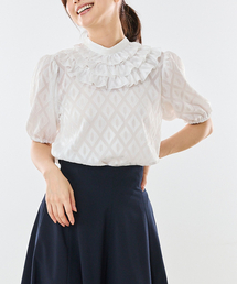【NARACAMICIE】カットジャガードフロントフリル半袖ブラウス