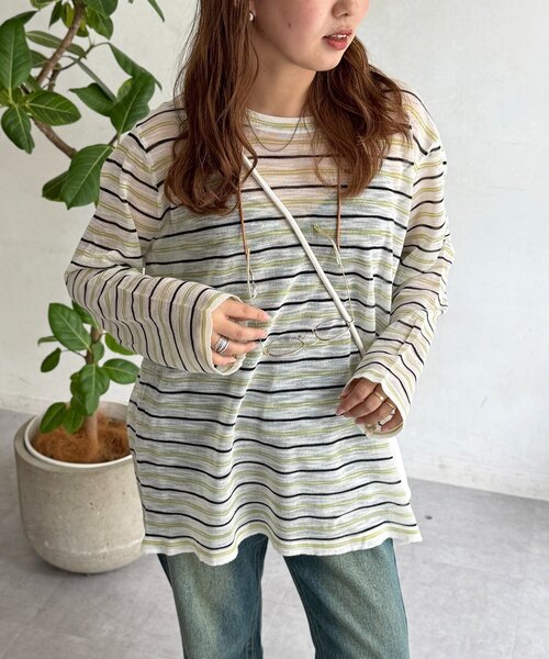 CPCM(シーピーシーエム)の「ボーダーシアーロンT(Tシャツ/カットソー・レディース・グレー/グリーン/ピンク・FREE)」の1枚目の写真
