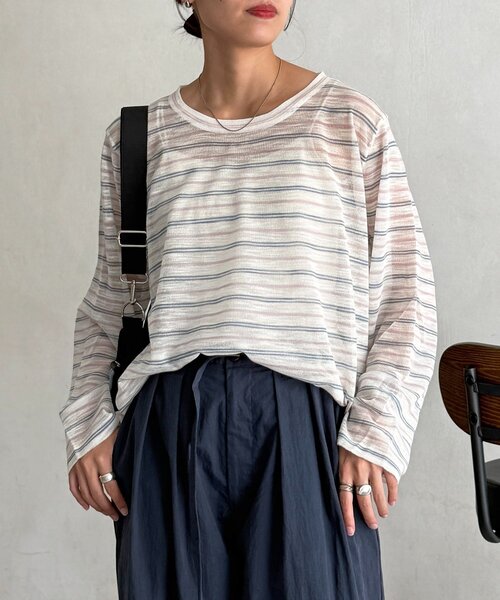CPCM(シーピーシーエム)の「ボーダーシアーロンT(Tシャツ/カットソー・レディース・グレー/グリーン/ピンク・FREE)」の4枚目の写真