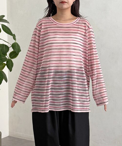 CPCM(シーピーシーエム)の「ボーダーシアーロンT(Tシャツ/カットソー・レディース・グレー/グリーン/ピンク・FREE)」の13枚目の写真