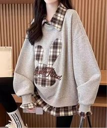 チェック切り替えウサギ柄レイヤード風スウェット