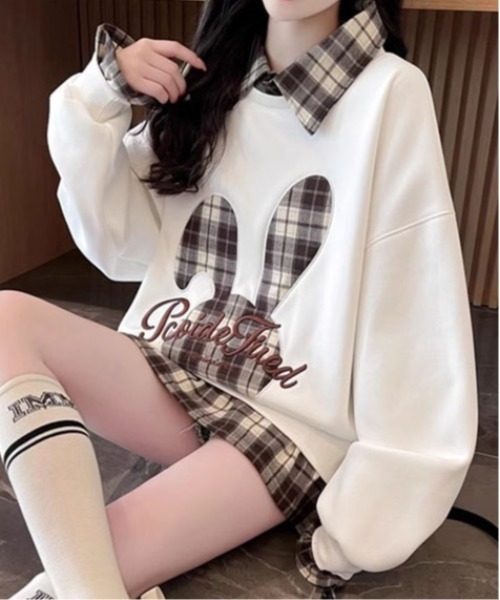 ＆soiree（アンドソワレ）の「チェック切り替えウサギ柄レイヤード風スウェット（スウェット・レディース・グレー/ホワイト/ブラック・LARGE/MEDIUM/X-LARGE）」の5枚目の写真