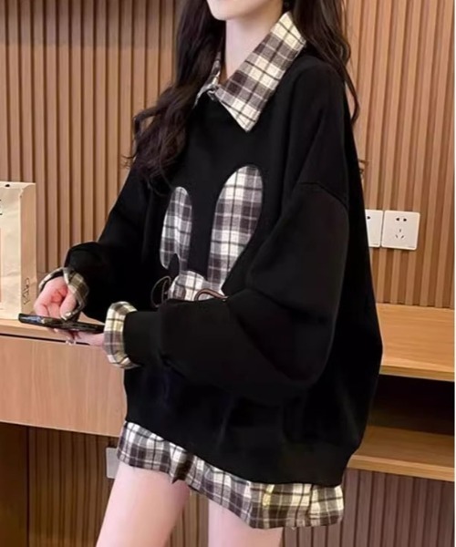 ＆soiree（アンドソワレ）の「チェック切り替えウサギ柄レイヤード風スウェット（スウェット・レディース・グレー/ホワイト/ブラック・LARGE/MEDIUM/X-LARGE）」の6枚目の写真