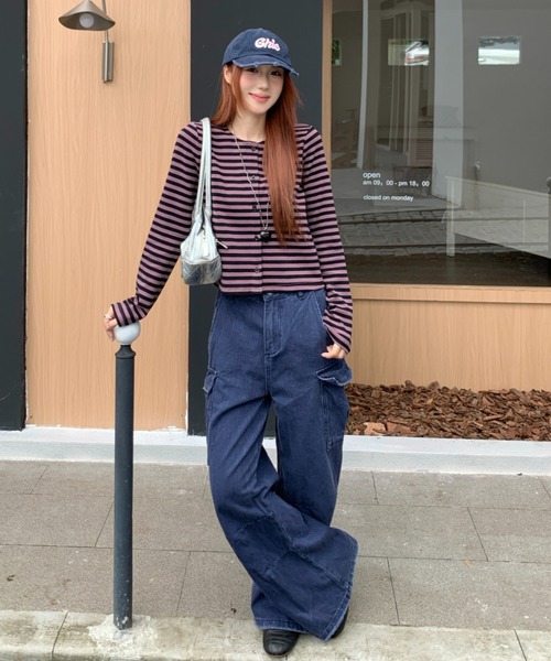 AsRiRe（アスリレイ）の「26aw  ヴィンテージライク配色ボーダーショート丈カーディガン（カーディガン/ボレロ・レディース・パープル/グリーン・M）」の2枚目の写真
