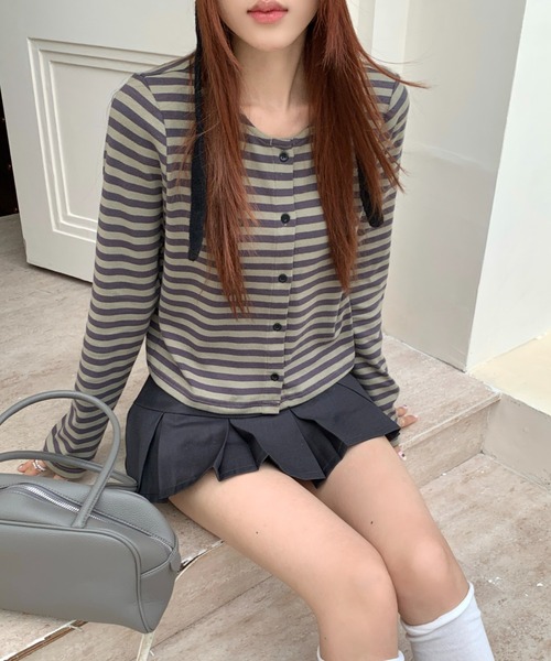 AsRiRe（アスリレイ）の「26aw  ヴィンテージライク配色ボーダーショート丈カーディガン（カーディガン/ボレロ・レディース・パープル/グリーン・M）」の21枚目の写真