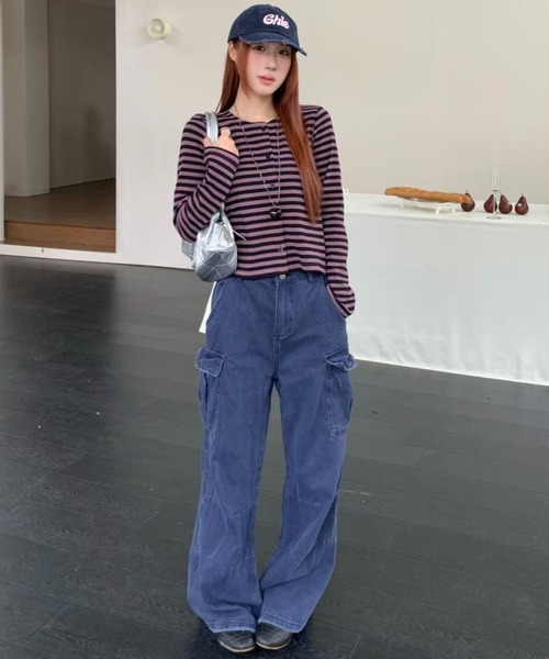 AsRiRe（アスリレイ）の「26aw  ヴィンテージライク配色ボーダーショート丈カーディガン（カーディガン/ボレロ・レディース・パープル/グリーン・M）」の22枚目の写真