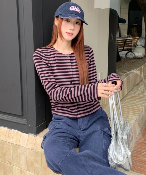 AsRiRe（アスリレイ）の「26aw  ヴィンテージライク配色ボーダーショート丈カーディガン（カーディガン/ボレロ・レディース・パープル/グリーン・M）」の14枚目の写真