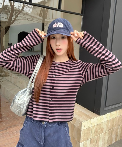 AsRiRe（アスリレイ）の「26aw  ヴィンテージライク配色ボーダーショート丈カーディガン（カーディガン/ボレロ・レディース・パープル/グリーン・M）」の15枚目の写真