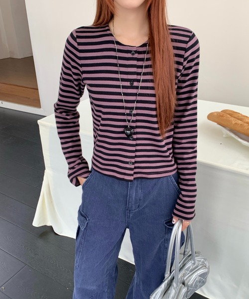 AsRiRe（アスリレイ）の「26aw  ヴィンテージライク配色ボーダーショート丈カーディガン（カーディガン/ボレロ・レディース・パープル/グリーン・M）」の18枚目の写真