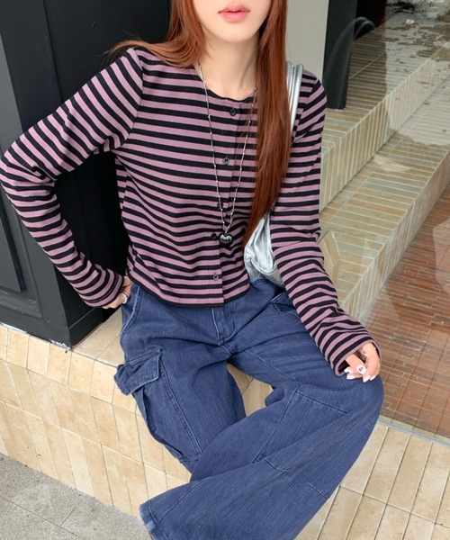 AsRiRe（アスリレイ）の「26aw  ヴィンテージライク配色ボーダーショート丈カーディガン（カーディガン/ボレロ・レディース・パープル/グリーン・M）」の11枚目の写真