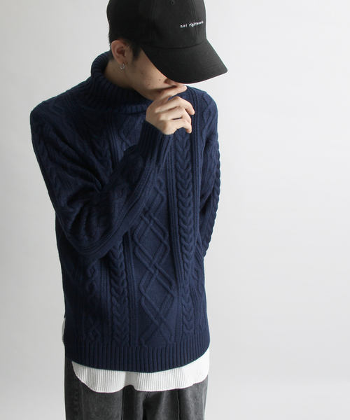 WEGO（ウィゴー）の「WEGO/サイドスリットケーブルタートルニット（ニット/セーター・メンズ・ワイン/ホワイト/ブラウン/杢グレー/ネイビー/ブラック・LARGE/SMALL/MEDIUM）」の5枚目の写真