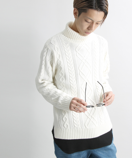 WEGO（ウィゴー）の「WEGO/サイドスリットケーブルタートルニット（ニット/セーター・メンズ・ワイン/ホワイト/ブラウン/杢グレー/ネイビー/ブラック・LARGE/SMALL/MEDIUM）」の2枚目の写真