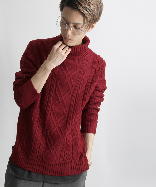WEGO（ウィゴー）の「WEGO/サイドスリットケーブルタートルニット（ニット/セーター・メンズ・ワイン/ホワイト/ブラウン/杢グレー/ネイビー/ブラック・LARGE/SMALL/MEDIUM）」の6枚目の写真