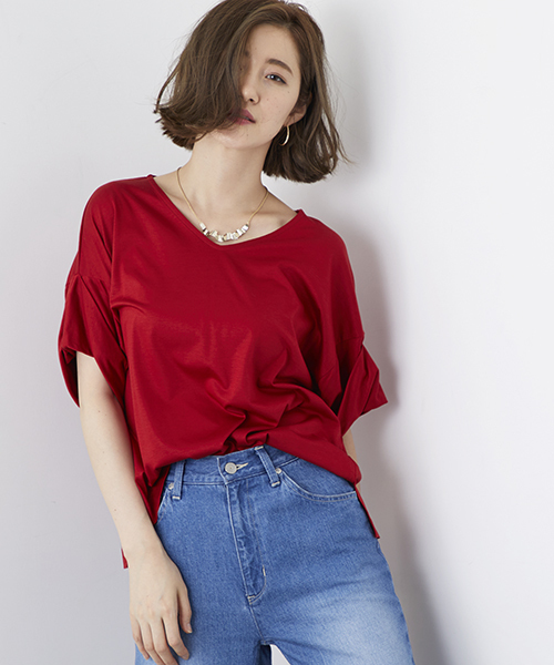 STUDIOUS(ステュディオス)の「袖コンシャスカットソー(Tシャツ/カットソー・レディース・ベージュ/イエロー/オフホワイト/ブラック/ピンク/カーキ/レッド・FREE)」の7枚目の写真