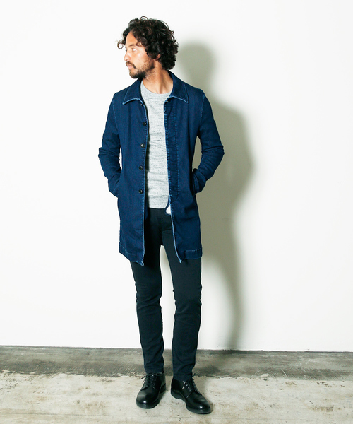 希少美品 ハイク デニム ステンカラーコート インディゴブルー HYKE 1 Magine（マージン）の「KNIT LIKE DENIM SOUTIEN/C COAT:ニットライク