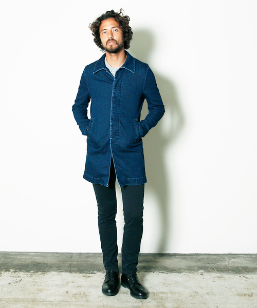 Magine（マージン）の「KNIT LIKE DENIM SOUTIEN/C COAT:ニットライクデニムステンカラーコート（ステンカラーコート・メンズ・インディゴブルー/ダークインディゴブルー・46/48/44）」の22枚目の写真
