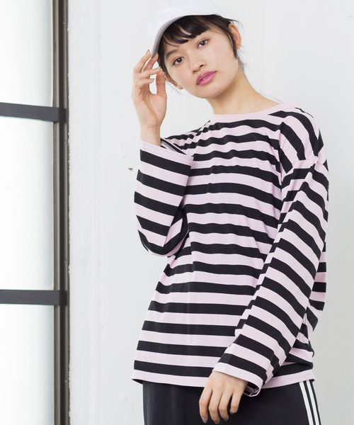 WEGO（ウィゴー）の「WEGO/ボーダービッグシルエットロングTシャツ（Tシャツ/カットソー・レディース・ブルー/ホワイト/イエロー/ピンク・FREE）」の4枚目の写真