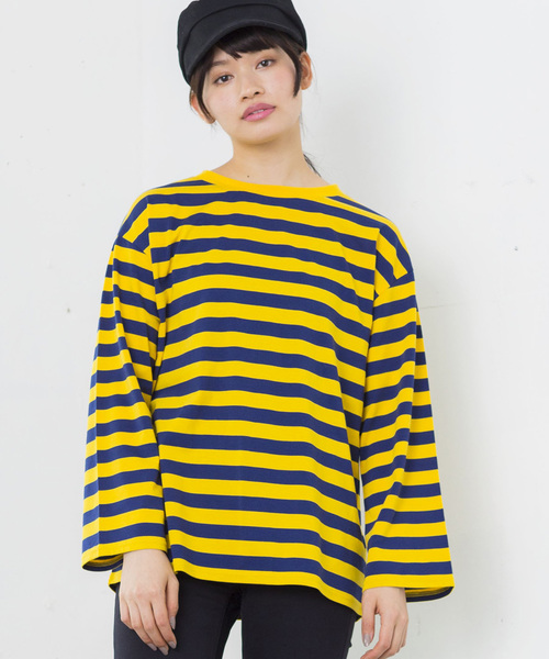 WEGO（ウィゴー）の「WEGO/ボーダービッグシルエットロングTシャツ（Tシャツ/カットソー・レディース・ブルー/ホワイト/イエロー/ピンク・FREE）」の3枚目の写真