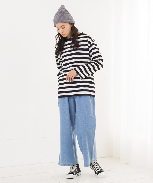 WEGO（ウィゴー）の「WEGO/ボーダービッグシルエットロングTシャツ（Tシャツ/カットソー・レディース・ブルー/ホワイト/イエロー/ピンク・FREE）」の9枚目の写真