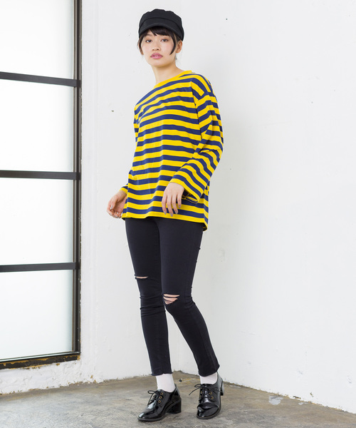 WEGO（ウィゴー）の「WEGO/ボーダービッグシルエットロングTシャツ（Tシャツ/カットソー・レディース・ブルー/ホワイト/イエロー/ピンク・FREE）」の16枚目の写真