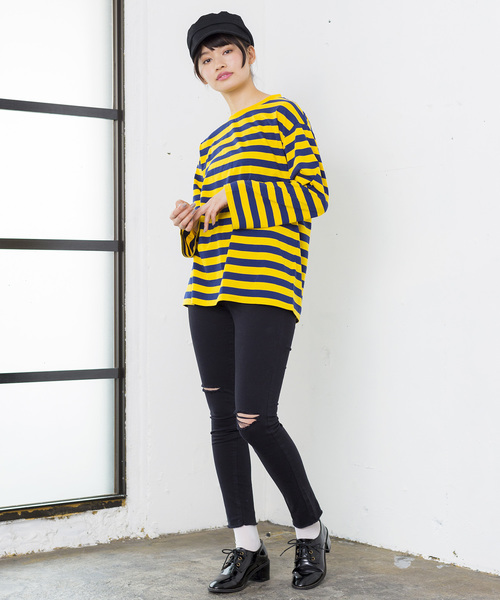 WEGO（ウィゴー）の「WEGO/ボーダービッグシルエットロングTシャツ（Tシャツ/カットソー・レディース・ブルー/ホワイト/イエロー/ピンク・FREE）」の17枚目の写真