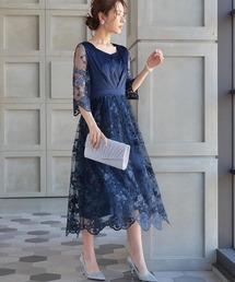 花柄刺繍レースシアーミモレ丈パーティドレス