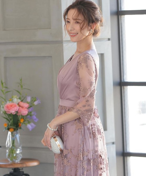 美品 ブライダル パーティー ドレス ワンピース シアーレース 花柄 niana 結婚式 ワンピース パーティードレス 花柄 チュール