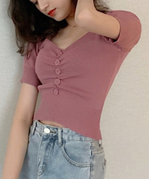 SUGAR BISKET（シュガービスケット）の「フロントギャザーボタン半袖ニット（シャツ/ブラウス・レディース・ホワイト/ブラック/ピンク/グリーン・フリー）」の10枚目の写真