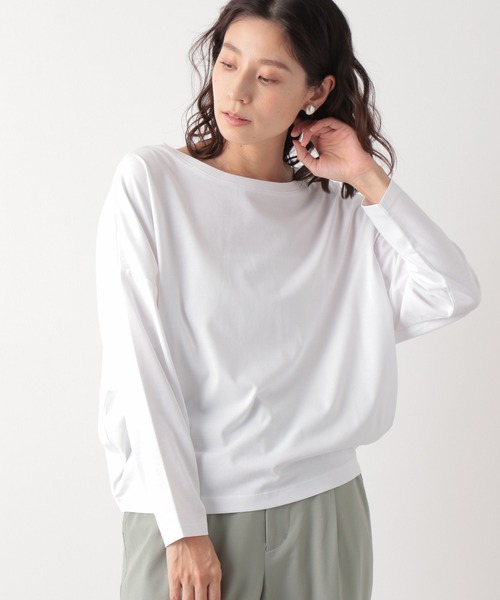 LEPSIM(レプシィム)の「ワイドドレープロンT 895814(Tシャツ/カットソー・レディース・チャコールグレー/オフホワイト/オリーブ/モカ・FREE)」の2枚目の写真
