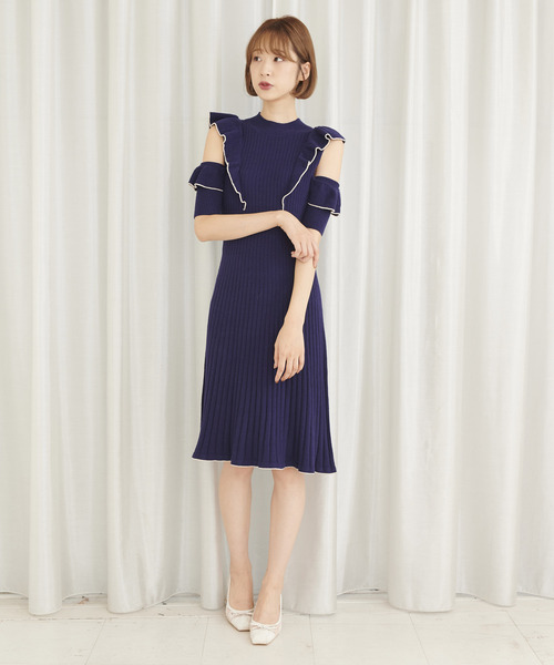 ✨新品未使用✨ Chloe 最高級　ワンピース　フリル　シルク混　ネイビー　38 osharewalker ワンピース ロングワンピース レディース 七分袖
