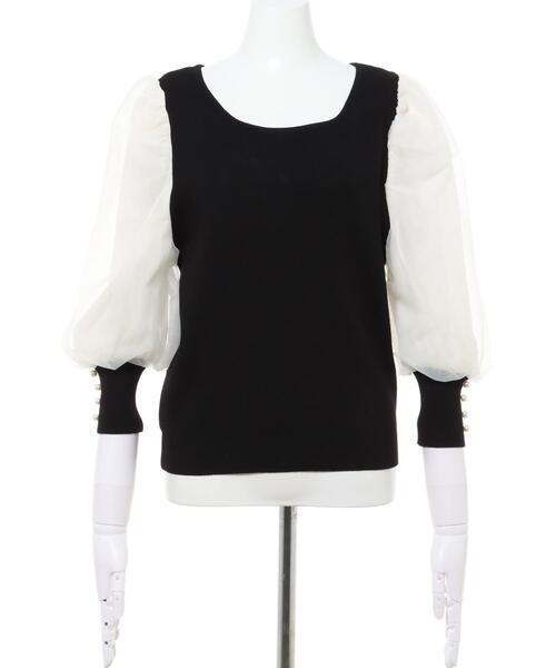 Allamanda(アラマンダ)の「袖オーガンジー7分袖ニット(ニット/セーター・レディース・アイボリー/ブラック×ホワイト/サックスブルー・M)」の4枚目の写真