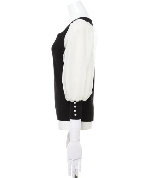 Allamanda(アラマンダ)の「袖オーガンジー7分袖ニット(ニット/セーター・レディース・アイボリー/ブラック×ホワイト/サックスブルー・M)」の5枚目の写真