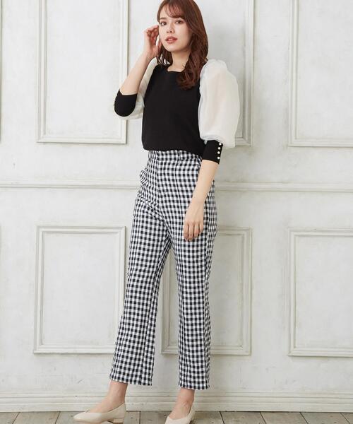 Allamanda(アラマンダ)の「袖オーガンジー7分袖ニット(ニット/セーター・レディース・アイボリー/ブラック×ホワイト/サックスブルー・M)」の8枚目の写真