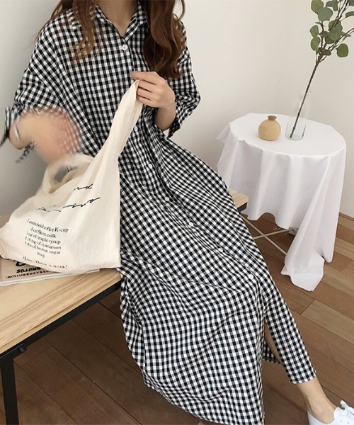 Kor ケーオーアール のファッション ワンピース ギンガムチェックマキシロングシャツワンピース ワンピース